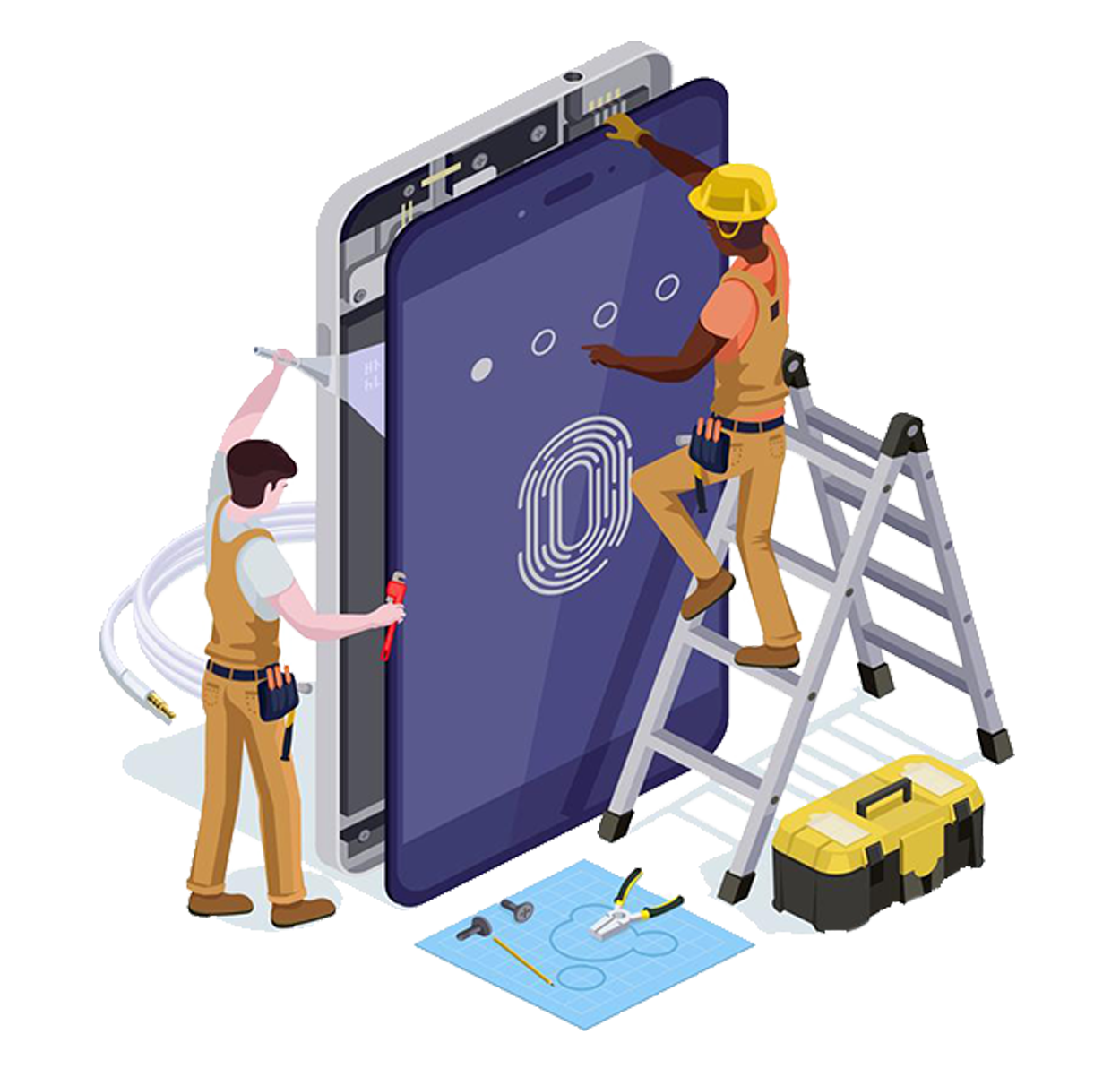 Person repairing a phone on a workbench with various tools and a microscope